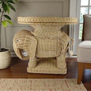 Wicker Elephant Accent Table - Tan